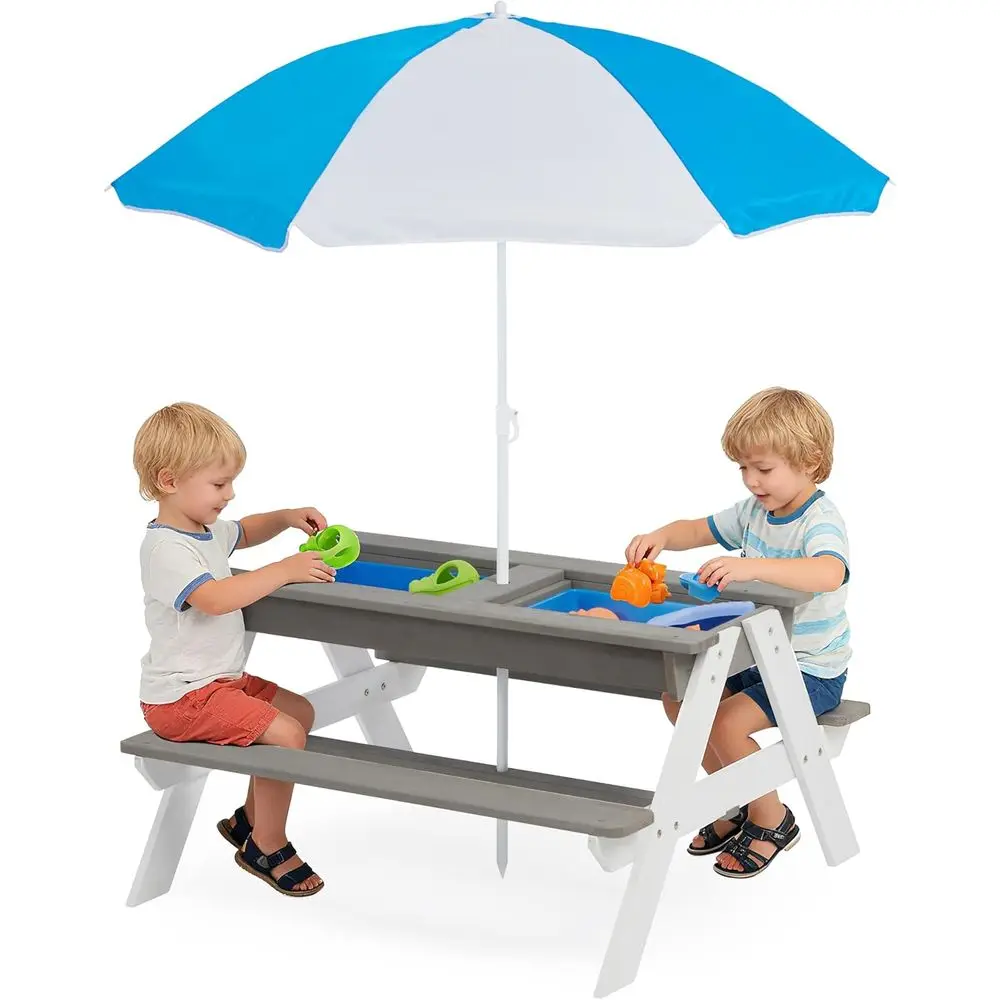 Kids Outdoor Table With Umbrella - Mesa de Piquenique de Madeira Conversível