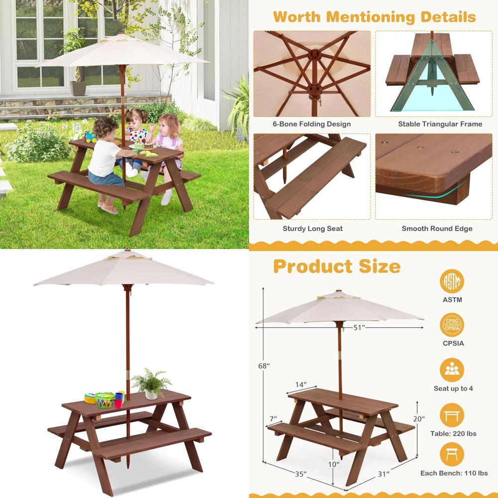 Kids Outdoor Table With Umbrella - Conjunto de Mesa de Piquenique Infantil