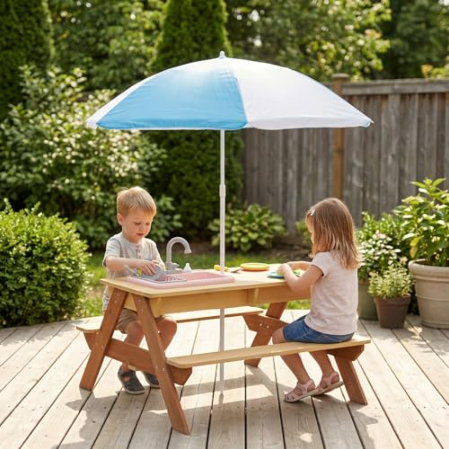 Mesa de piquenique infantil pa - Kids Outdoor Table With Umbrella avaliação e preço