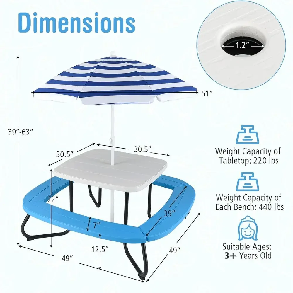 Mesa de Piquenique para 8 Cria - Kids Outdoor Table With Umbrella avaliação e preço